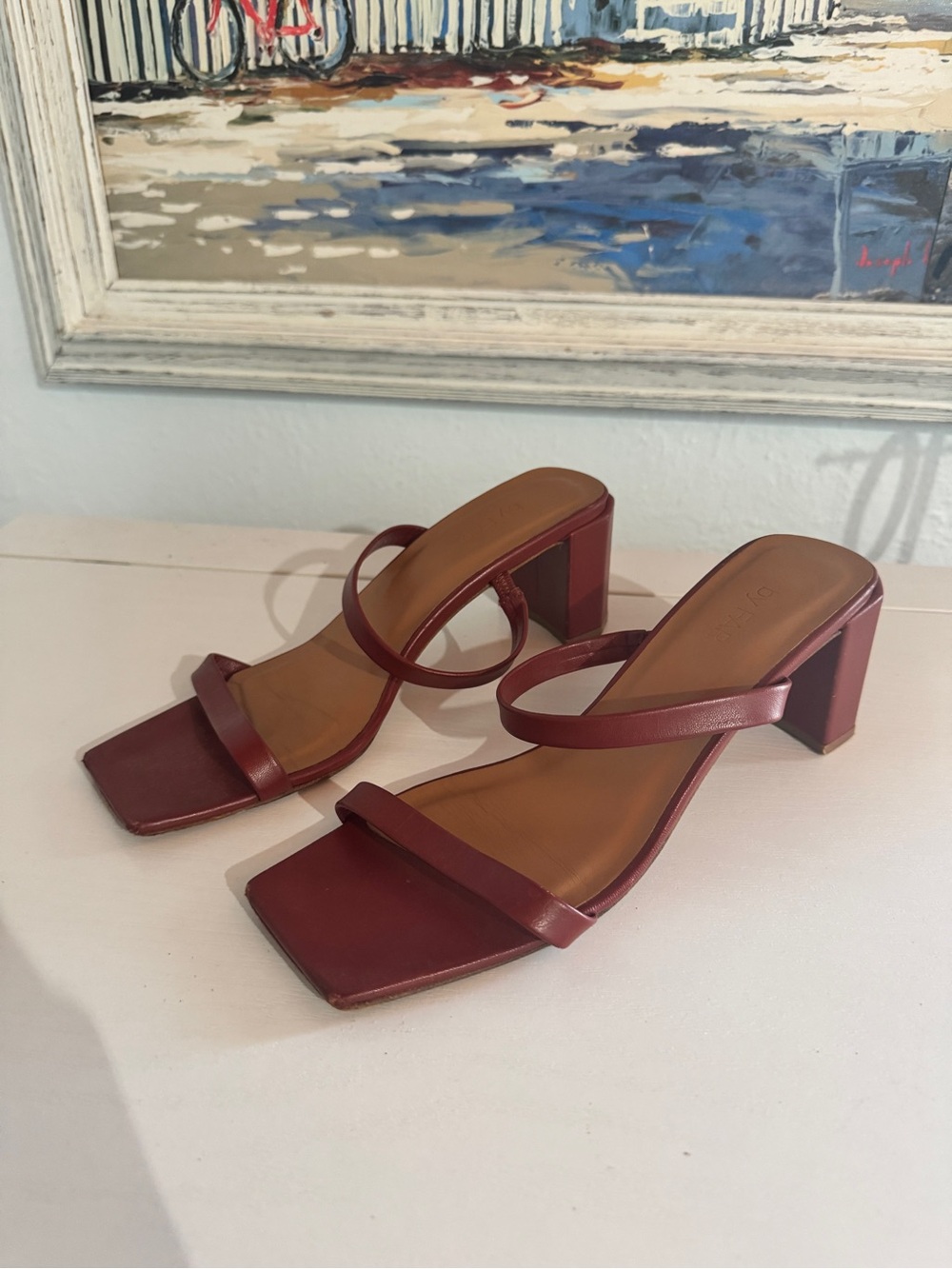 BY FAR Burgundy Double-Strap Square Block Heels Sandals